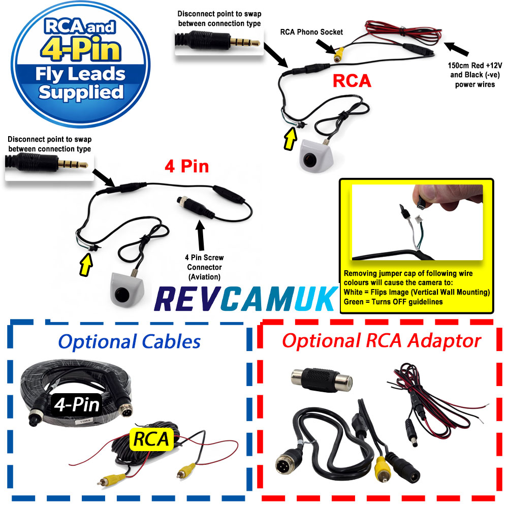 CAM072W white motorhome and van bolt reversing camera wiring diagram showing 4-pin aviation connector and RCA phono options, vertical flip and guideline on/off jumper wires, power connections, and optional extension cables and RCA adaptor.