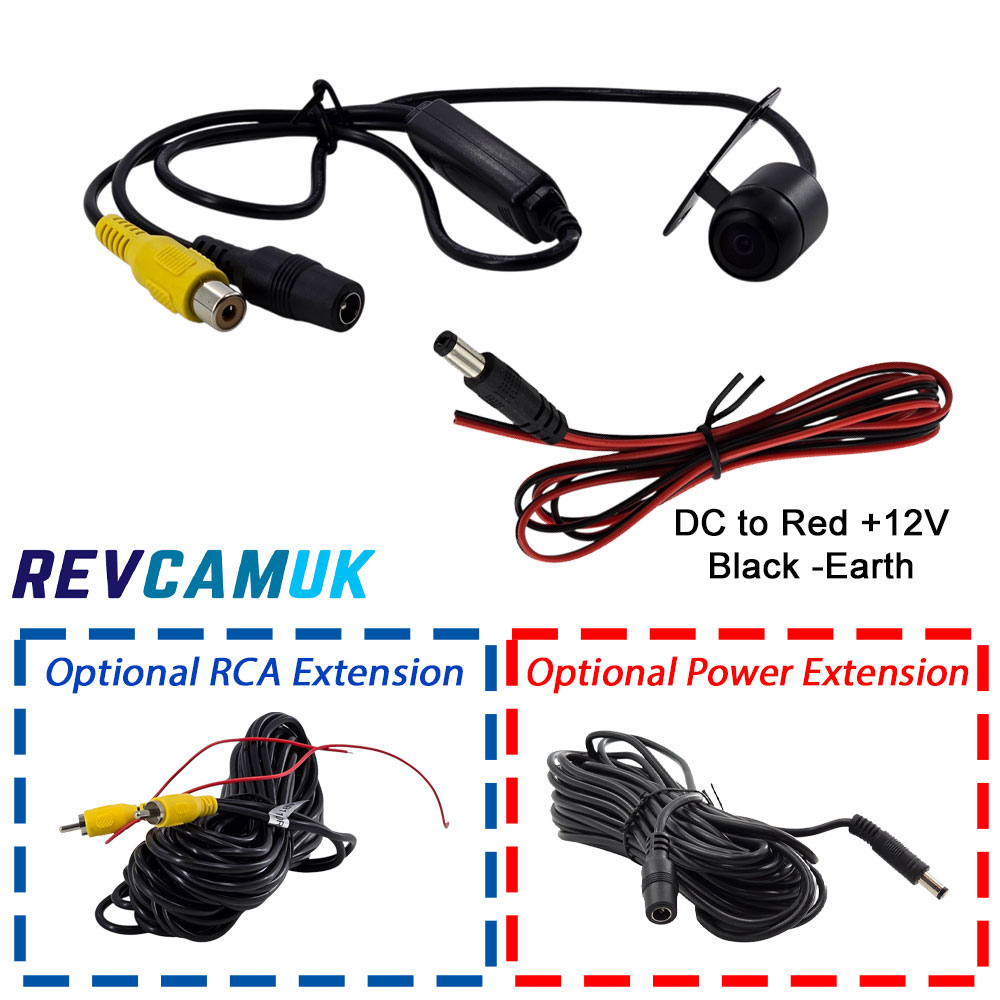 CAM085 butterfly number plate reversing camera contents image showing Sony CCD camera with DC power lead, RCA connection, voltage regulator and optional RCA and power extension cables