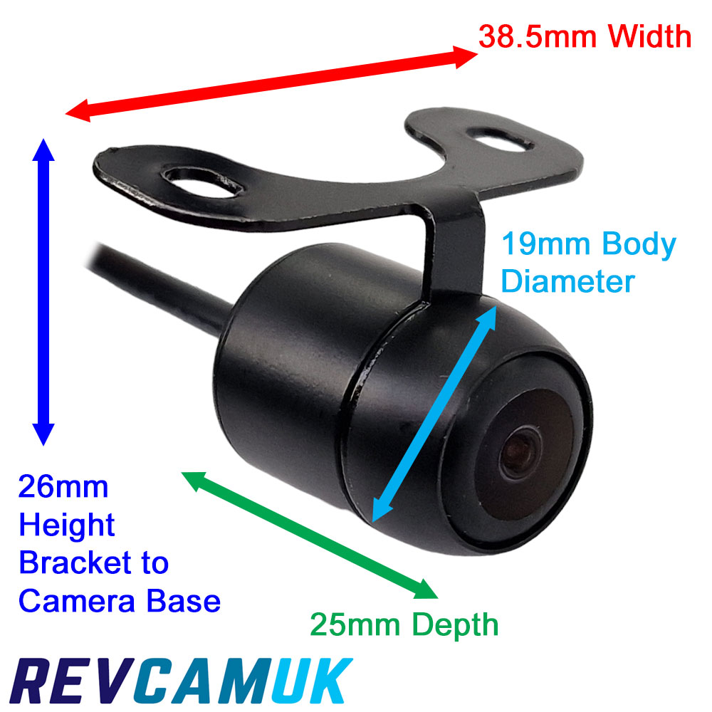 CAM085 number plate “butterfly” winged bracket reversing camera dimensions image showing 38.5 mm bracket width, 26 mm height from bracket to camera base, 25 mm camera depth and 19 mm body diameter.