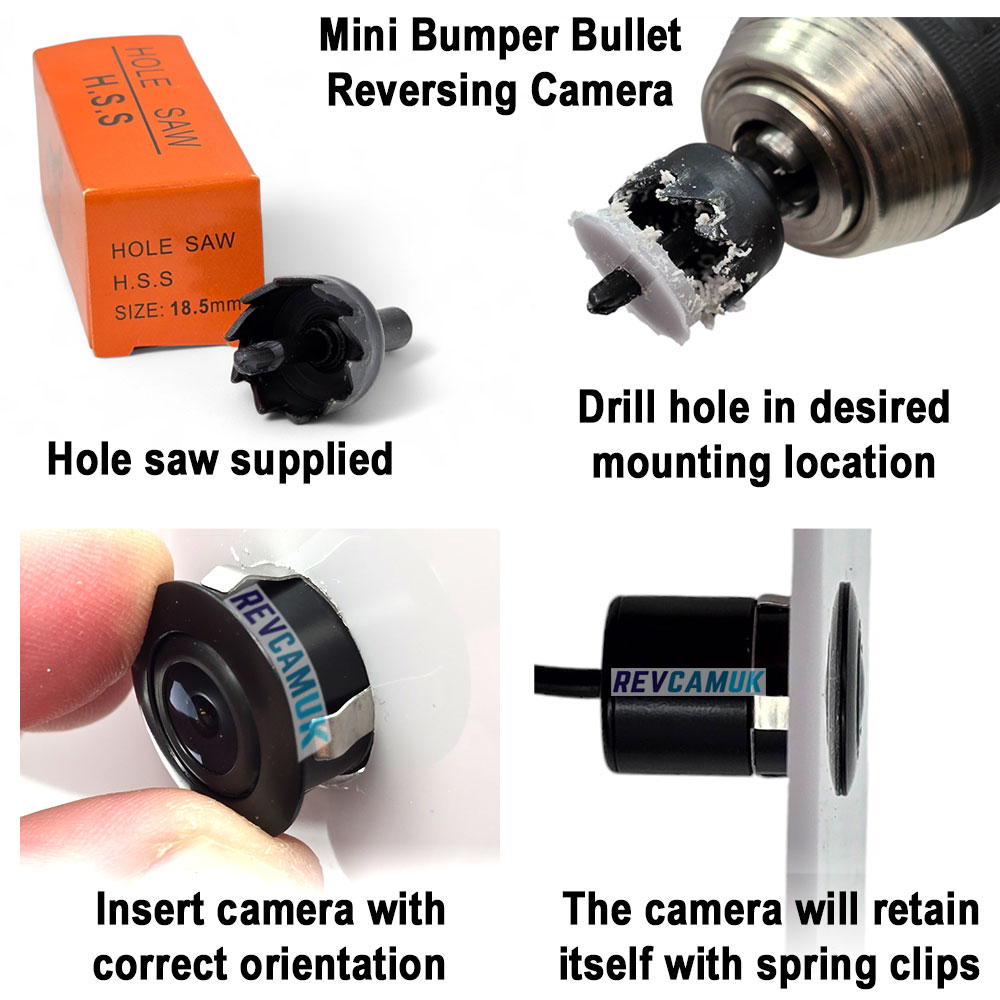 CAM086 mini bumper bullet reversing camera installation steps showing supplied hole saw, drilling the mounting hole, inserting the camera with correct orientation, and securing it in place using the built-in spring clips.