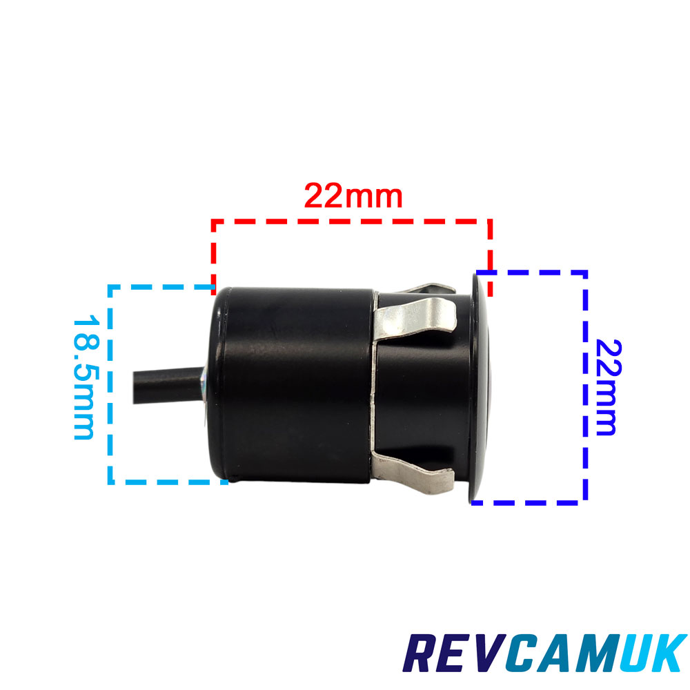 CAM086 mini flush bullet bumper reversing camera dimensions image showing 22 mm body length, 22 mm front diameter and 18.5 mm mounting holesize, featuring spring clip fixing for flush-fit installation.