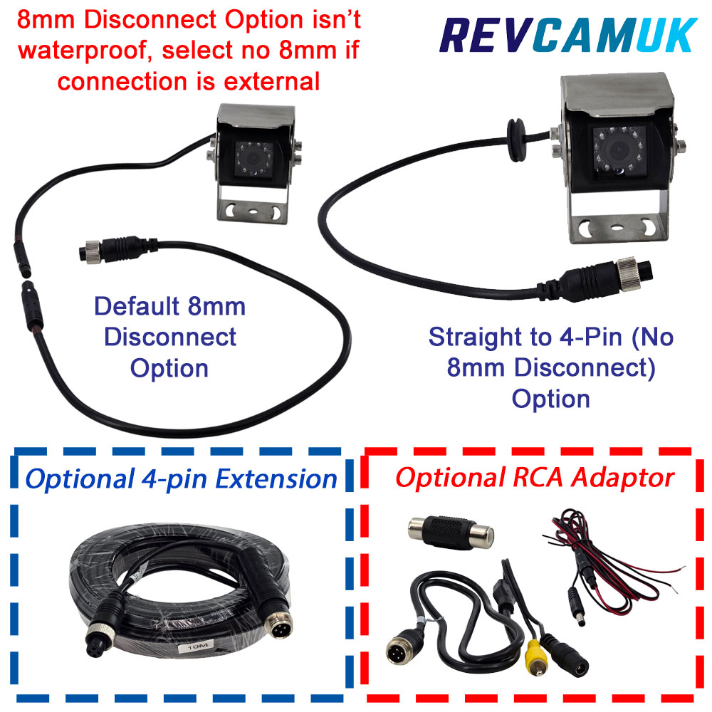 CAM111B Sony AHD reversing camera contents image showing black camera body on polished stainless steel bracket with choice of narrow rear view or wide-angle reversing lens, optional 8mm disconnect or straight 4-pin lead, and optional 4-pin extension cable