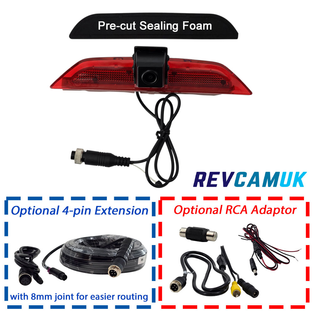 Volkswagen Caddy 2020-present brake light reversing camera with pre-cut sealing foam, shown with optional 4-pin extension cable and RCA adaptor.