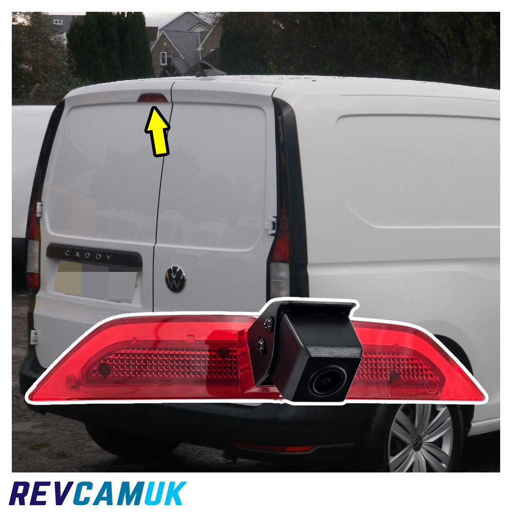 Volkswagen Caddy 2020-present showing the factory high-level brake light location on the rear doors, with inset image of the brake light reversing camera OEM-style replacement.