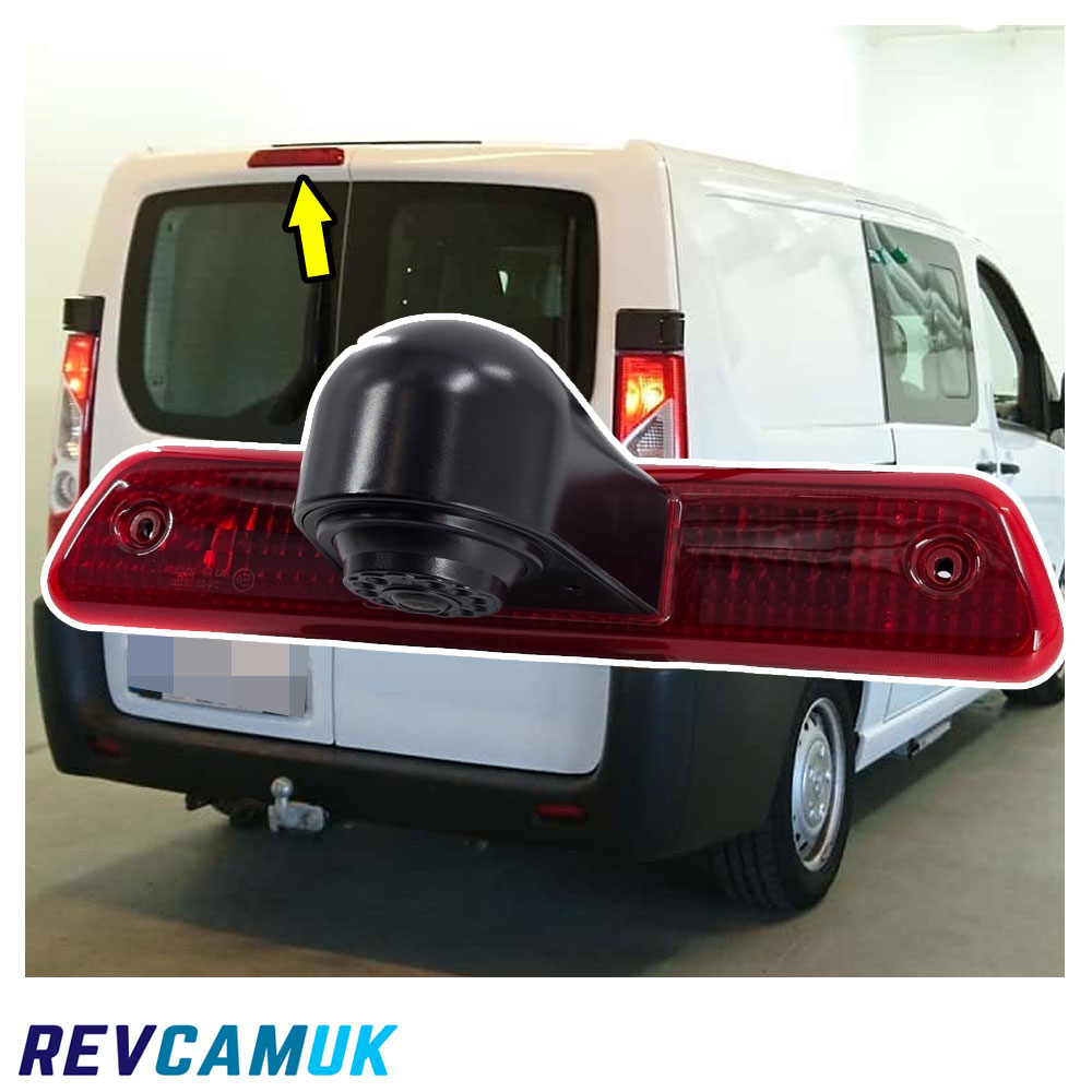 This image shows the CAM339 brake light reversing camera positioned on the rear of the Peugeot Expert, Citroen Dispatch and Toyota Proace. It replaces the factory high-level brake light for a tidy OEM-style installation