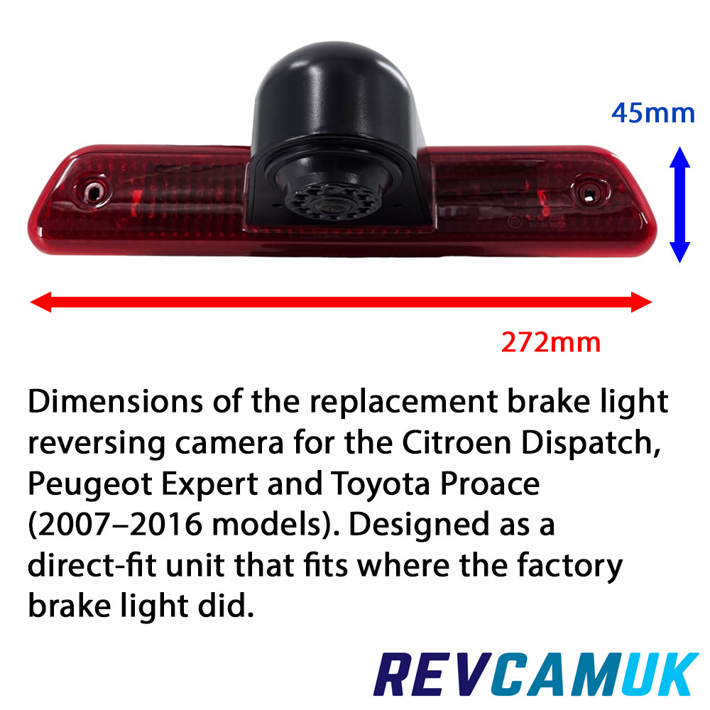 Dimensions diagram for CAM339 brake light reversing camera for Peugeot Expert, Citroen Dispatch and Toyota Proace (2007–2016)