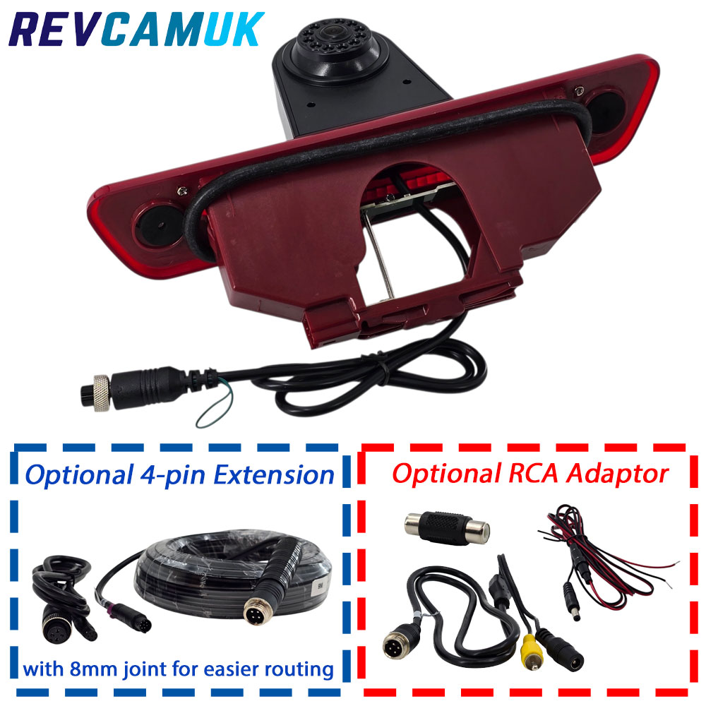 CAM339 brake light reversing camera for Peugeot Expert 2007–2016, Citroen Dispatch 2007–2016 and Toyota Proace 2013–2016, with IP68 waterproof housing and 4-pin connector, contents shown with optional 4-pin extension cable and RCA adaptor.