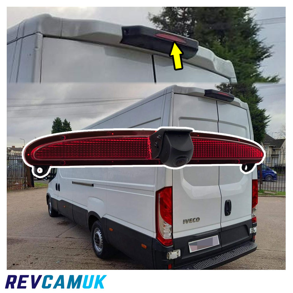 Iveco Daily brake light reversing camera installs in the factory high-level brake light position on the rear of the van (2014–2022) as shown in photo.