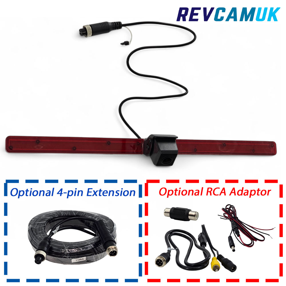 Iveco Daily brake light reversing camera with integrated high-level brake light design, shown with optional 4-pin extension cable and optional RCA adaptor for connecting to monitors or aftermarket head units.