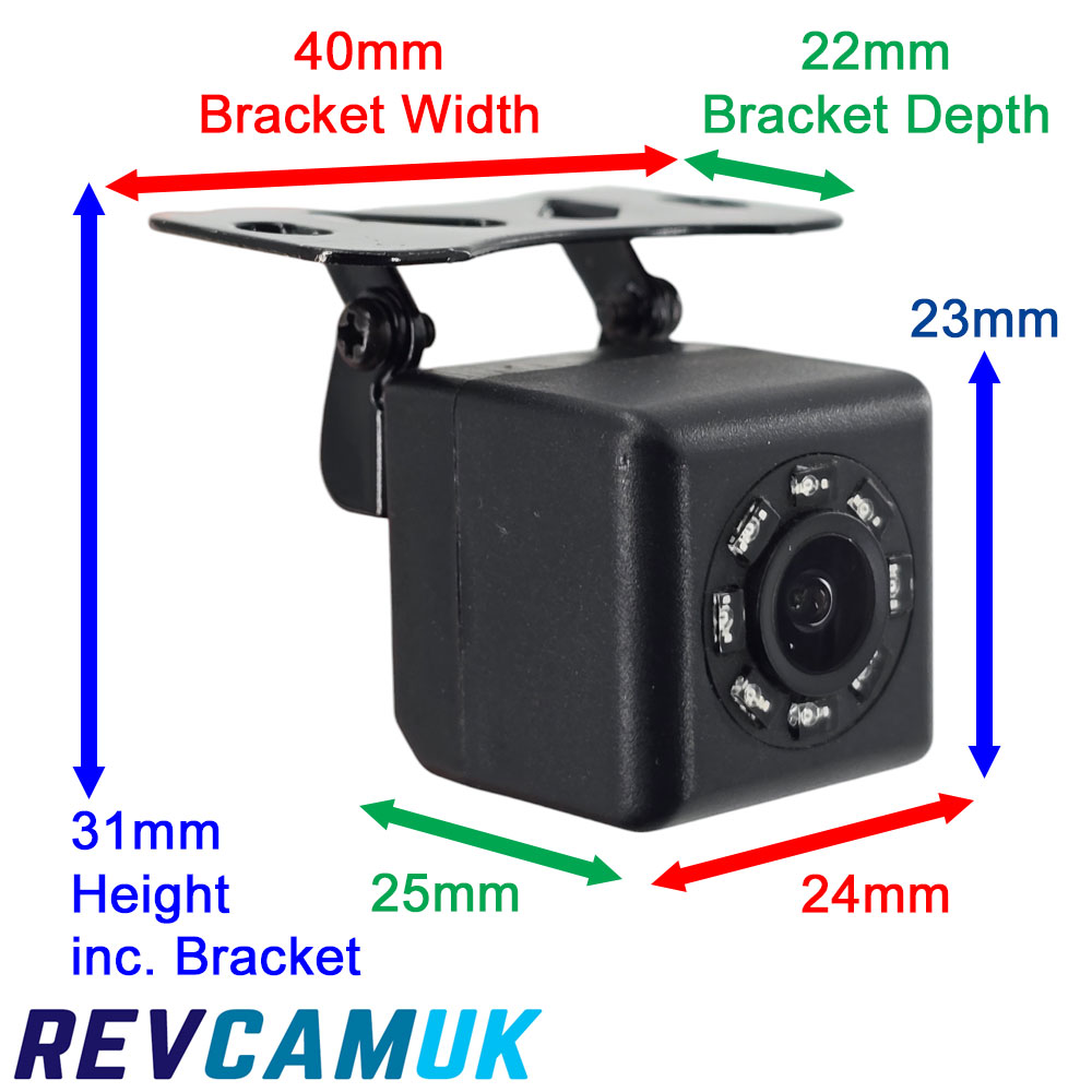 CAM536 mini cube reversing camera showing size dimensions including 40mm bracket width, 22mm bracket depth, 31mm overall height including bracket, and compact 25mm x 24mm camera body