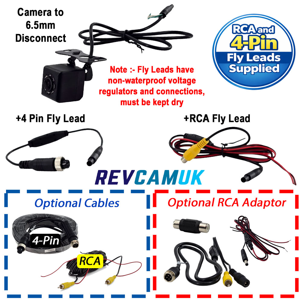CAM536 compact cube reversing camera supplied with both RCA and 4-pin fly leads, 6.5mm disconnect, non-waterproof voltage regulators must be kept dry, optional extension cables and RCA adaptor available