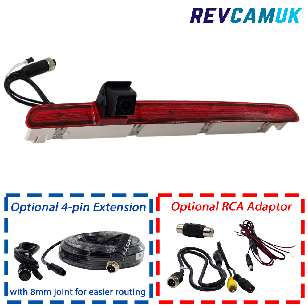 CAM561 VW Transporter T6 tailgate brake light reversing camera shown with optional 4-pin extension cable and optional RCA adaptor.