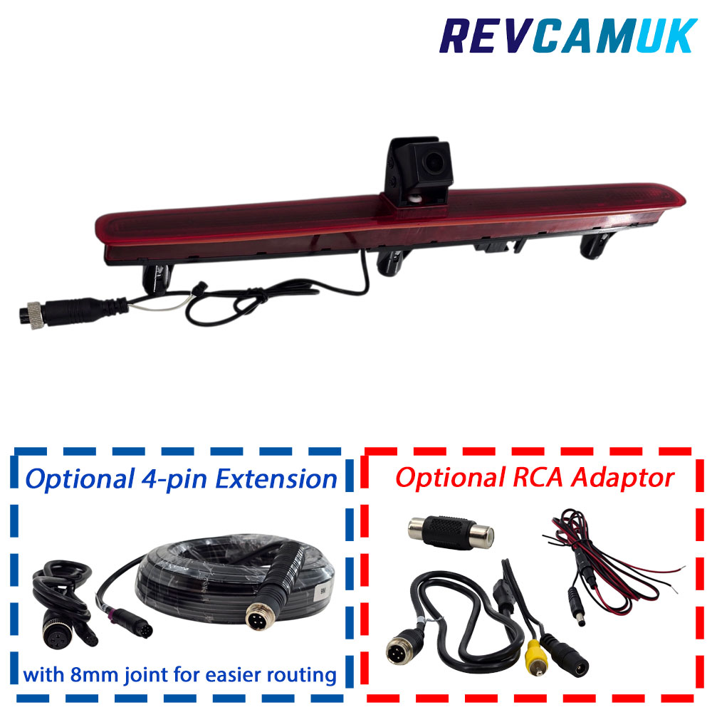 CAM562 VW Transporter T5 tailgate brake light reversing camera shown with optional 4-pin extension cable and optional RCA adaptor.