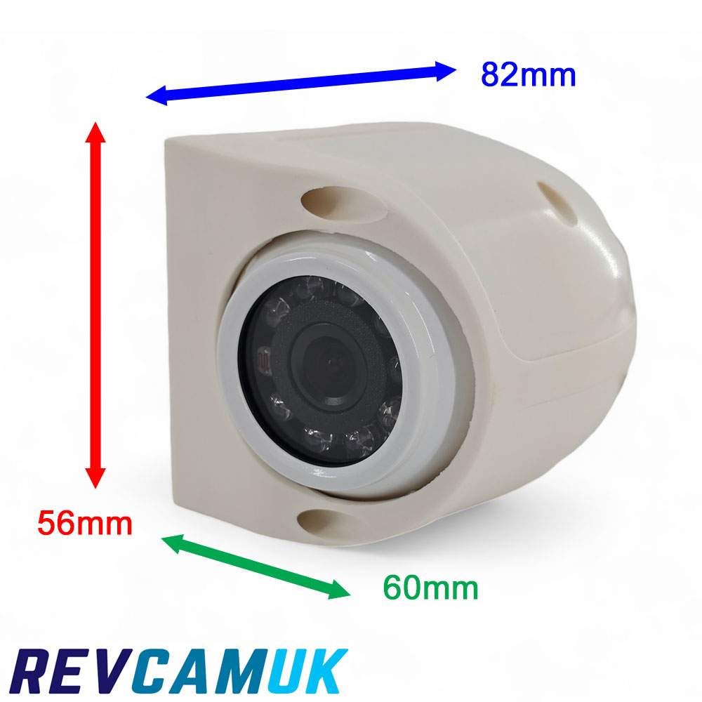 CAM667W white side-view blind-spot camera dimensions image showing 82 mm length, 56 mm height and 60 mm depth, fitted with a Sony CCD image sensor.