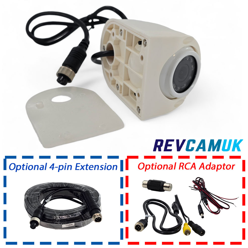 CAM667W white side view blind spot camera with Sony CCD image sensor, shown with mounting gasket and optional 4-pin extension cable and optional RCA adaptor, suitable for vans and motorhomes.