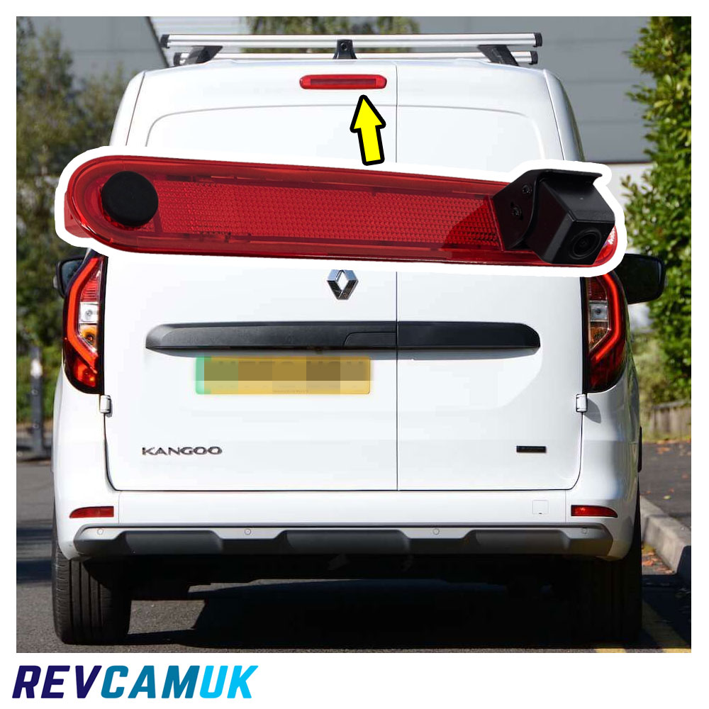 CAM739 brake light reversing camera showing fitment position on Renault Kangoo and Mercedes Citan vans (2007–2021