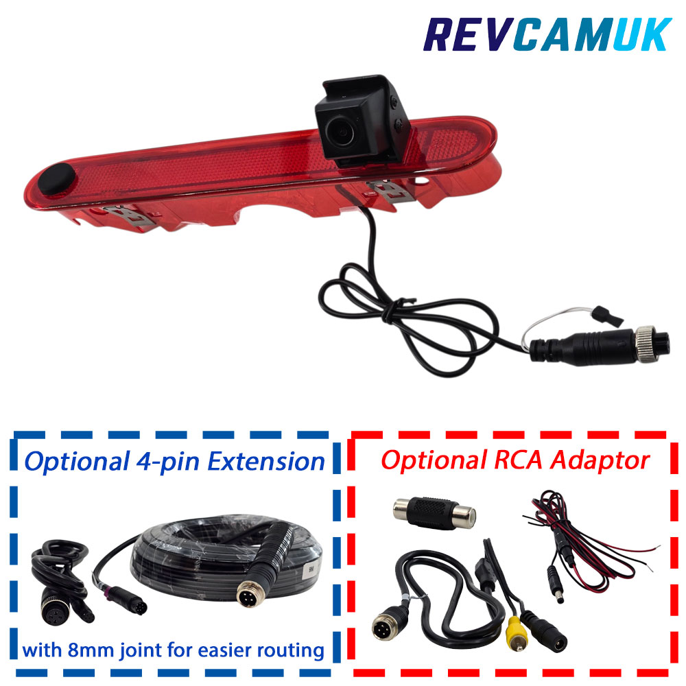 Mercedes Citan and Renault Kangoo brake light reversing camera shown with optional 4-pin extension cable and optional RCA adaptor.