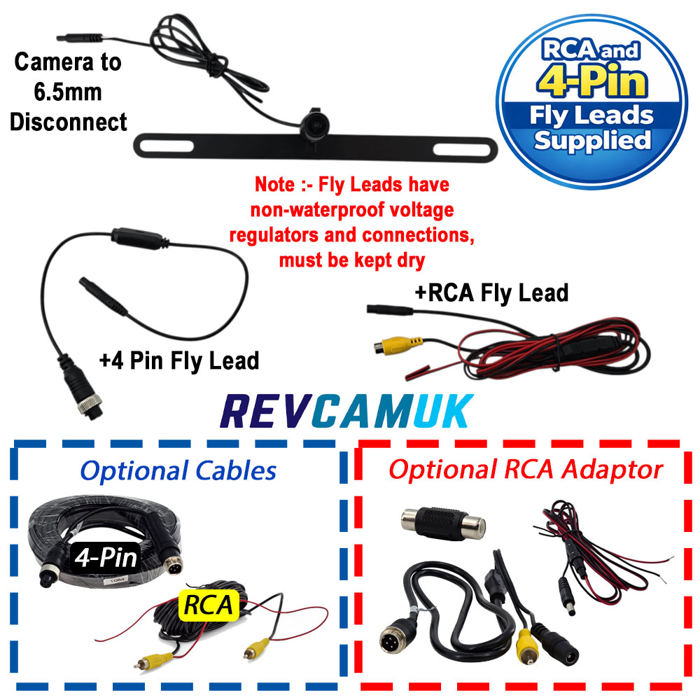 CAM801 small behind number plate reversing camera contents image showing compact camera with bracket, 6.5mm disconnect fly leads, RCA and 4-pin connections, optional extension cables and RCA adaptor