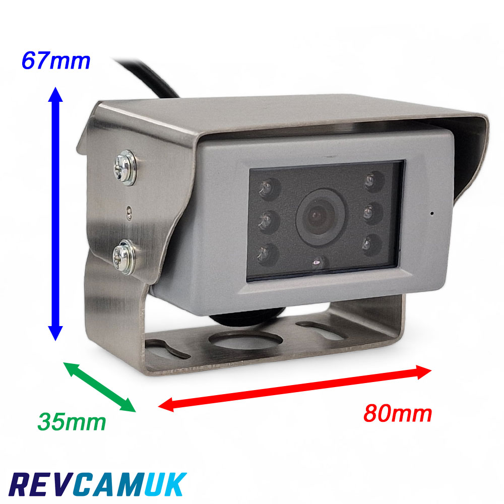 Grey reversing camera with stainless steel bracket showing dimensions: 80mm width, 67mm height, and 35mm mounting depth, suitable for vans, motorhomes, trucks and HGVs.