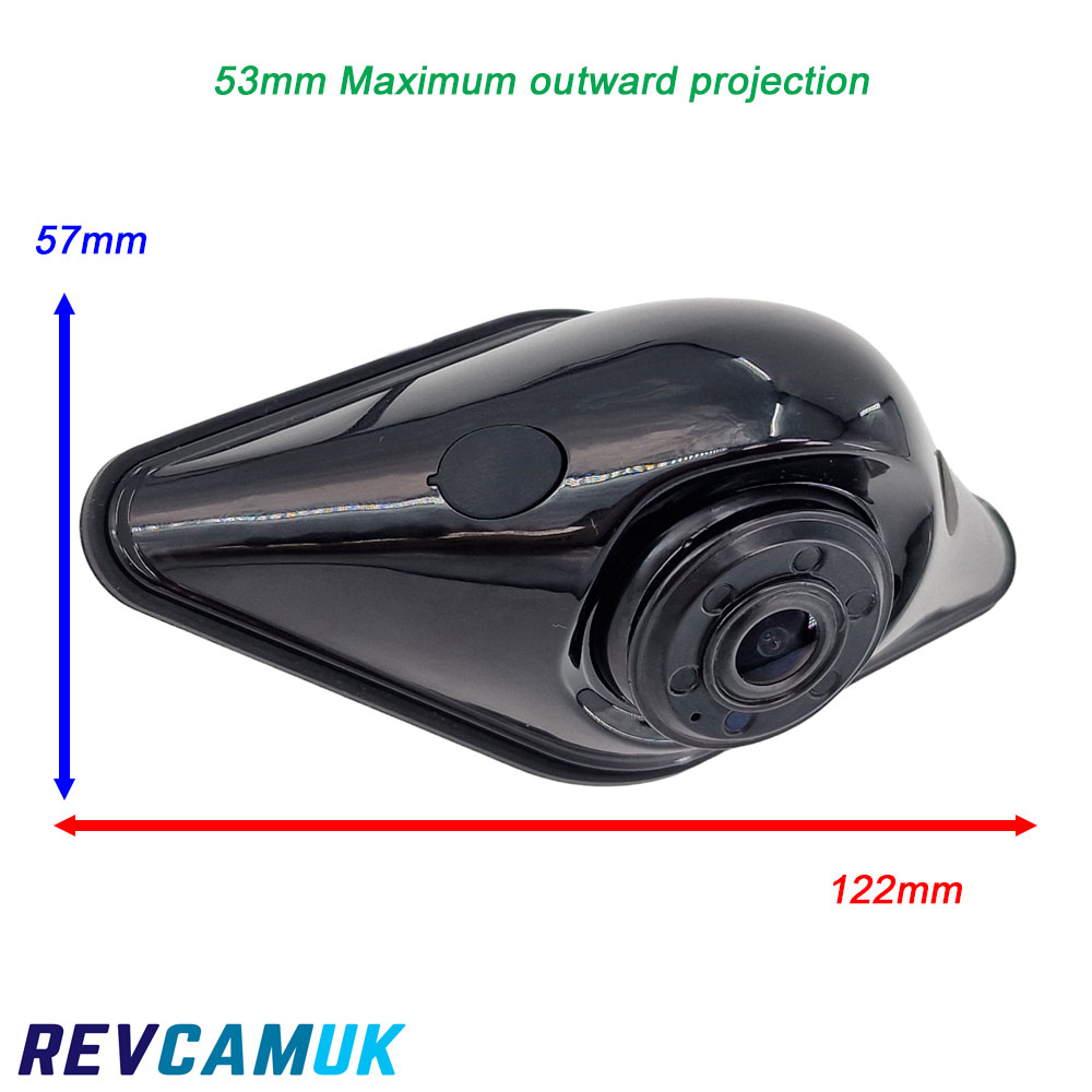 Black reversing camera showing 122mm overall length, 57mm height and 53mm maximum outward projection