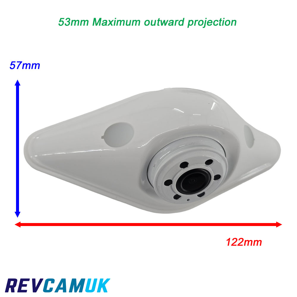 White reversing camera showing 122mm overall length, 57mm height and 53mm maximum outward projection