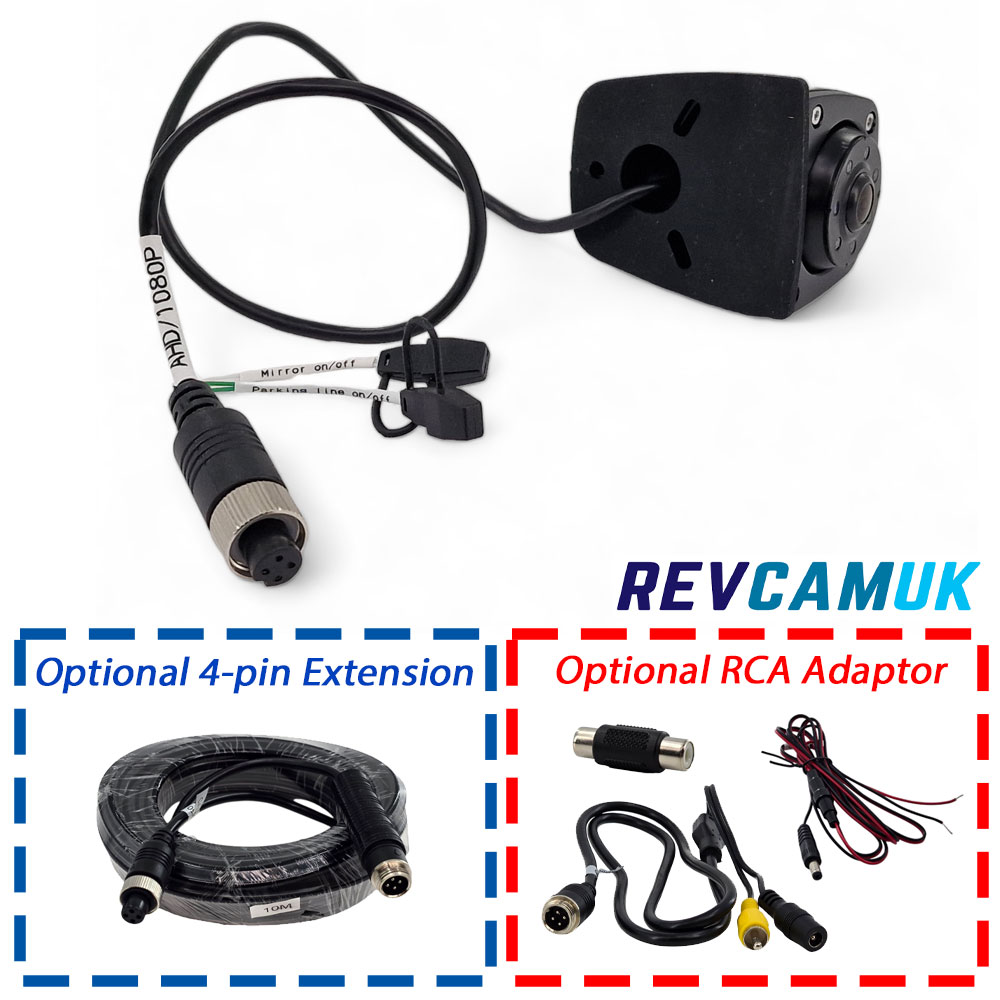 AHD 1080P black rear-view reversing camera with 4-pin connector, mirror and parking line control wires, shown with optional 4-pin extension cable and optional RCA adaptor set from RevcamUK