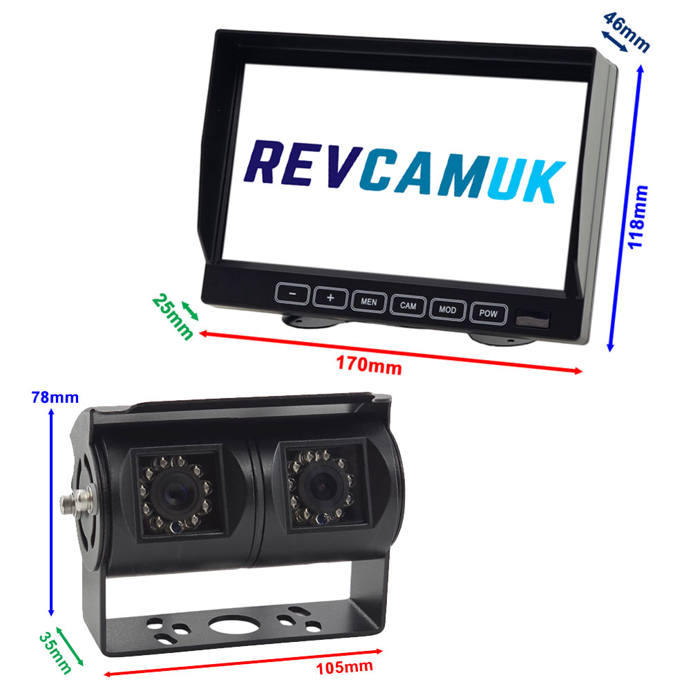 Dimensions of 7" Monitor and Black Dual Lens Rear View Camera Kit