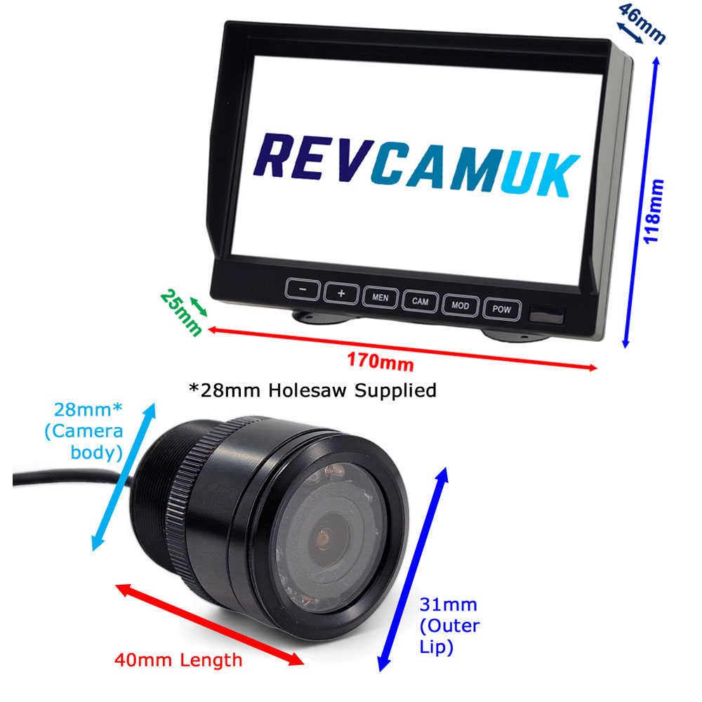 Dimensions of flush fitting bumper reversing camera kit with 7" Display