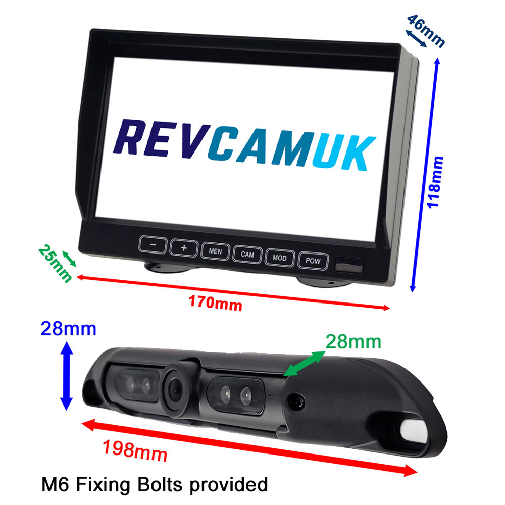 Dimensions of Number Plate Camera and 7" Dash Monitor Kit