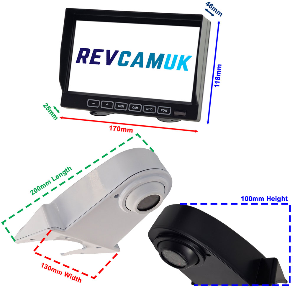 Dimensions image of roof mount reverse camera and 7" monitor