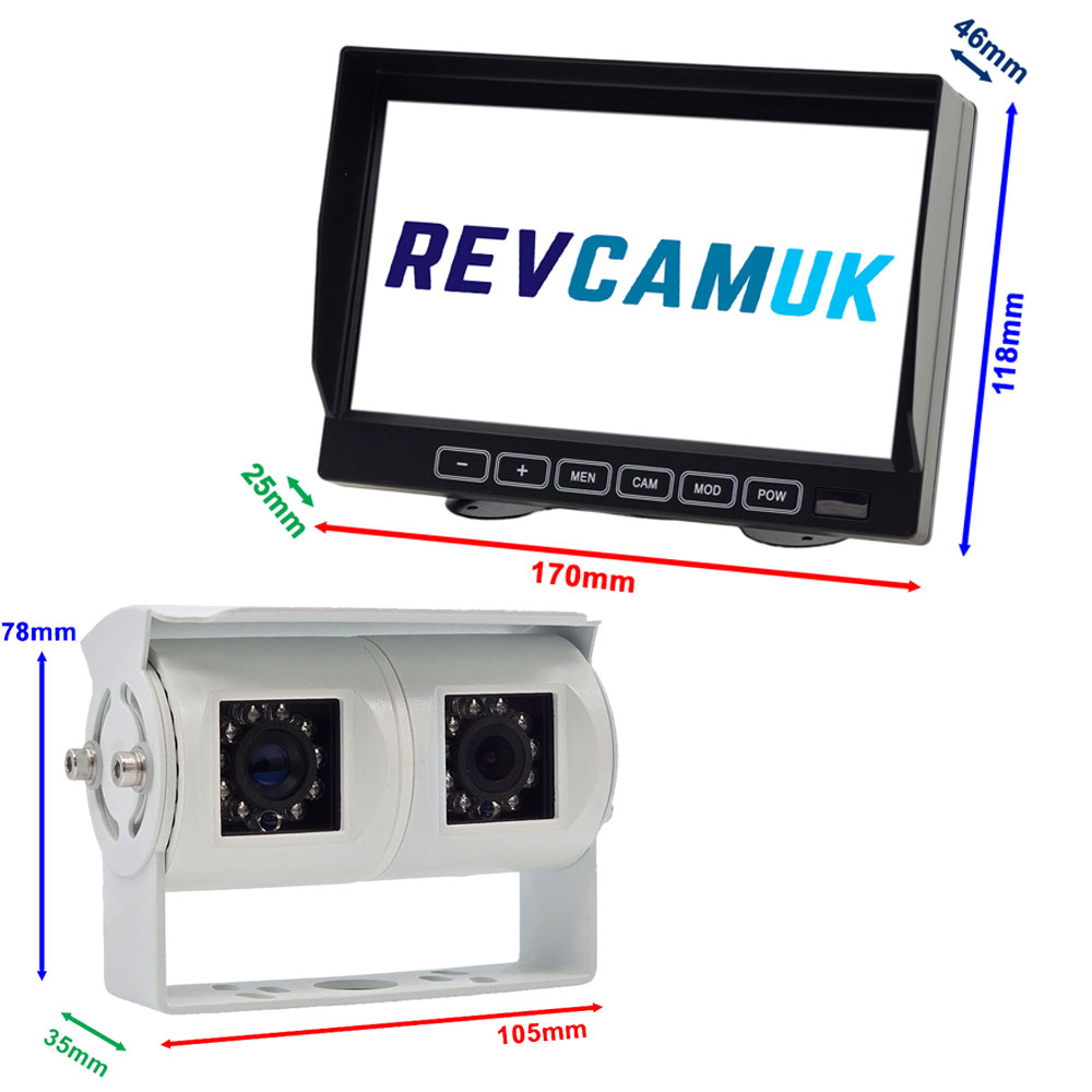 Dimensions of white dual lens rear view camera kit and 7 inch monitor
