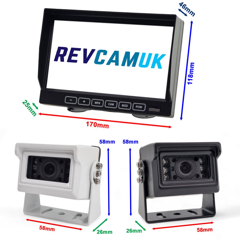 Dimensions of compact bracket reversing camera and 7" monitor