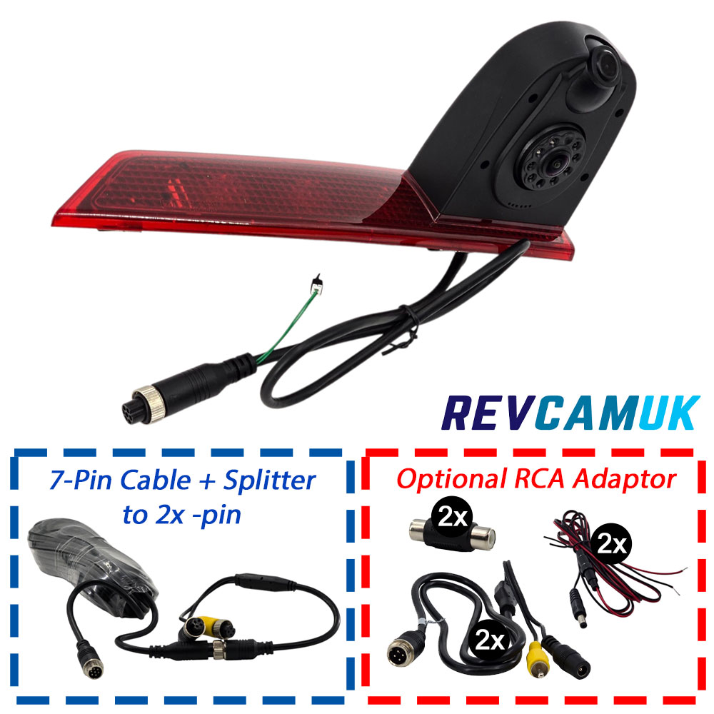 Dual-lens reversing and rear-view brake light camera for Ford Transit Custom (2012–May 2016) bulb-type brake light models, showing the camera unit, optional 4-pin extension cable, and optional RCA adaptor – REVCAMUK.