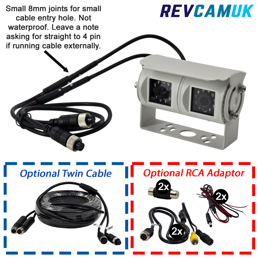 Twin-lens reversing camera with 8 mm mini-joints for small cable entry holes, optional twin extension cable, and optional RCA adaptor set. Note that the 8 mm joints are not waterproof, and a straight 4-pin lead can be requested for external cable runs – R