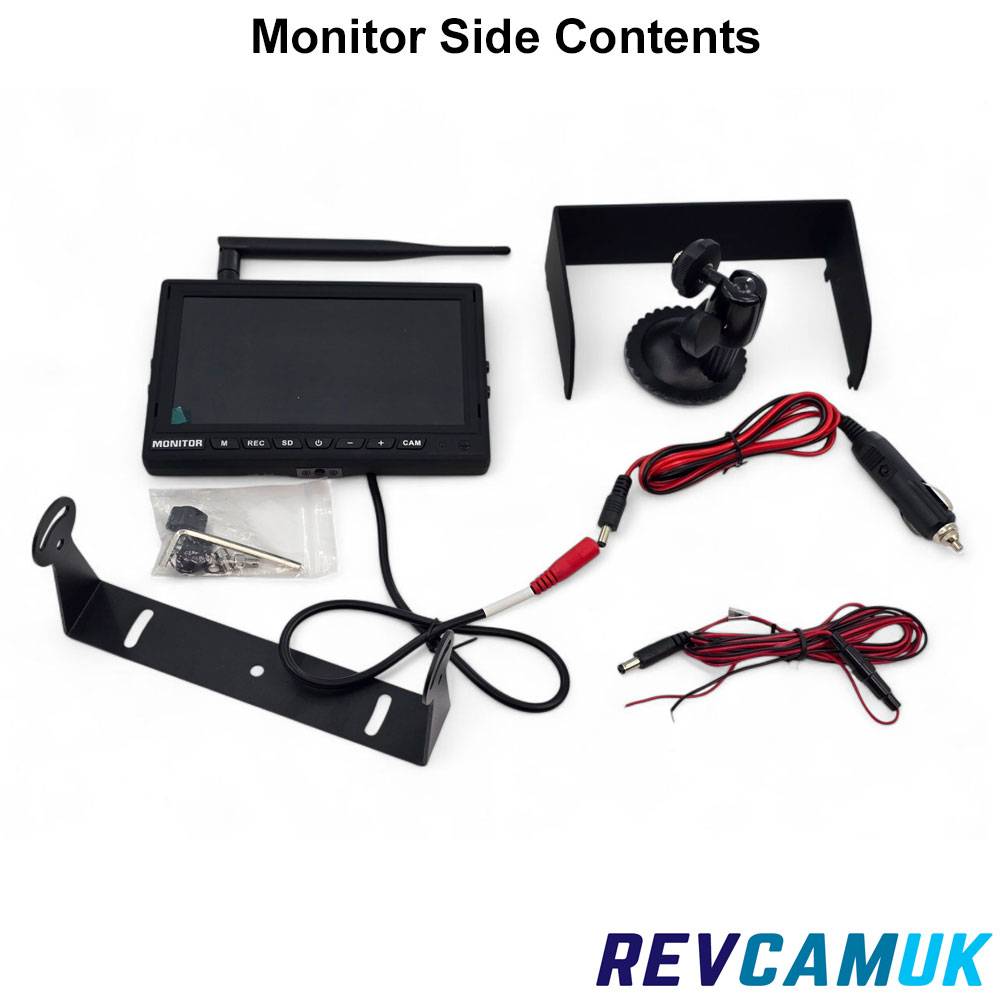 DW71 wireless AHD HD reversing camera monitor contents including monitor, antenna, suction mount, U-bracket, 12V cigarette lighter power lead and hardwire power cable – Revcamuk