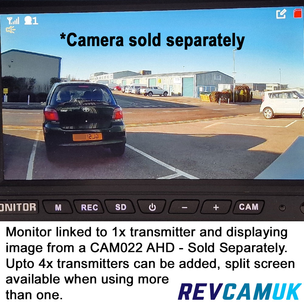 DW71 wireless AHD monitor displaying image from CAM022 AHD reversing camera via single transmitter, supports up to 4 transmitters with split screen – Revcamuk