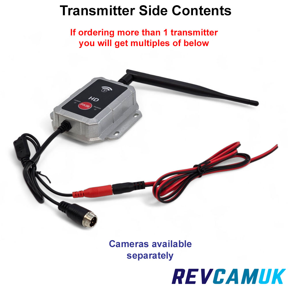 DW71 wireless HD transmitter module contents with antenna, aviation camera input lead and red/black hardwire power cable – Revcamuk