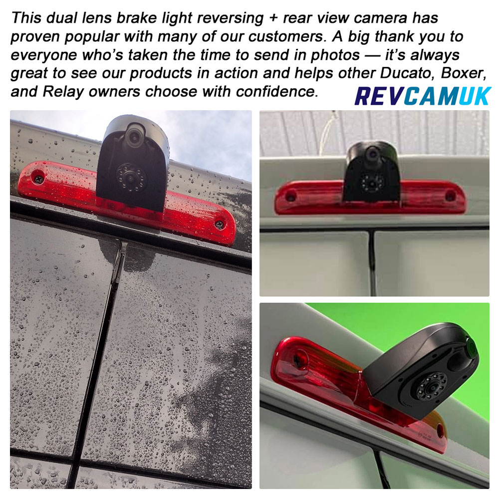Dual lens brake light reversing and rear view camera installed on Ducato, Boxer, and Relay vans, with thank you message to customers for sharing installation photos – REVCAMUK.