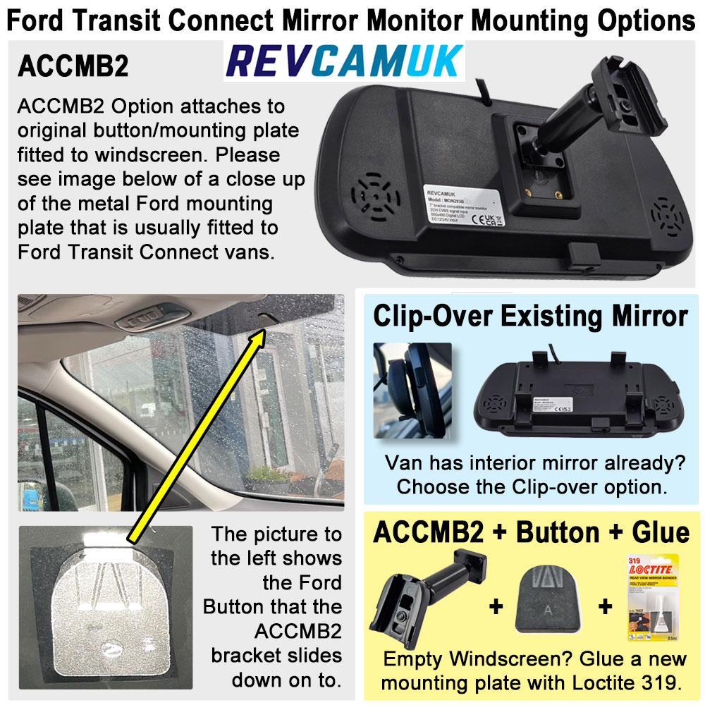 Ford Transit Connect mirror monitor mounting options including ACCMB2, clip-over, and glue-on button mount