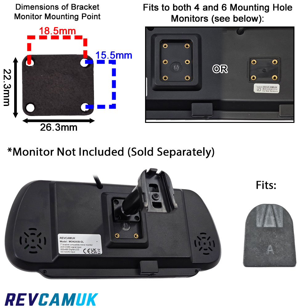 Image showing the mounting hole dimensions for the Ford/universal swan-neck windscreen bracket, compatible with both 4- and 6-hole mirror monitors, plus a photo of the bracket attached to the rear of a mirror monitor (monitor not included).