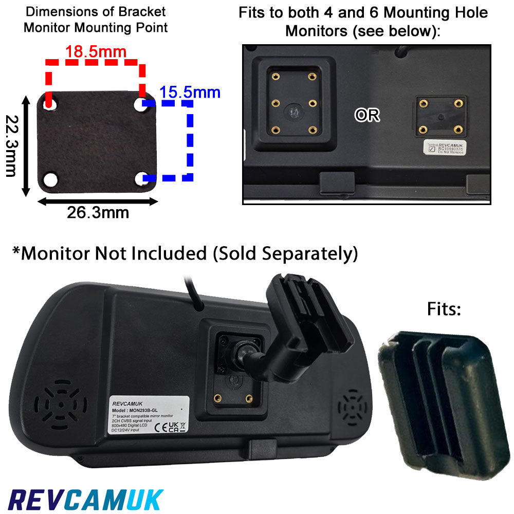 ACCMB5 swan-neck mirror monitor bracket with mounting plate dimensions, showing compatibility with 4-hole and 6-hole bracket-style mirror monitors and the factory windscreen mounting plate used on Mercedes, Renault, Vauxhall and similar vehicles.