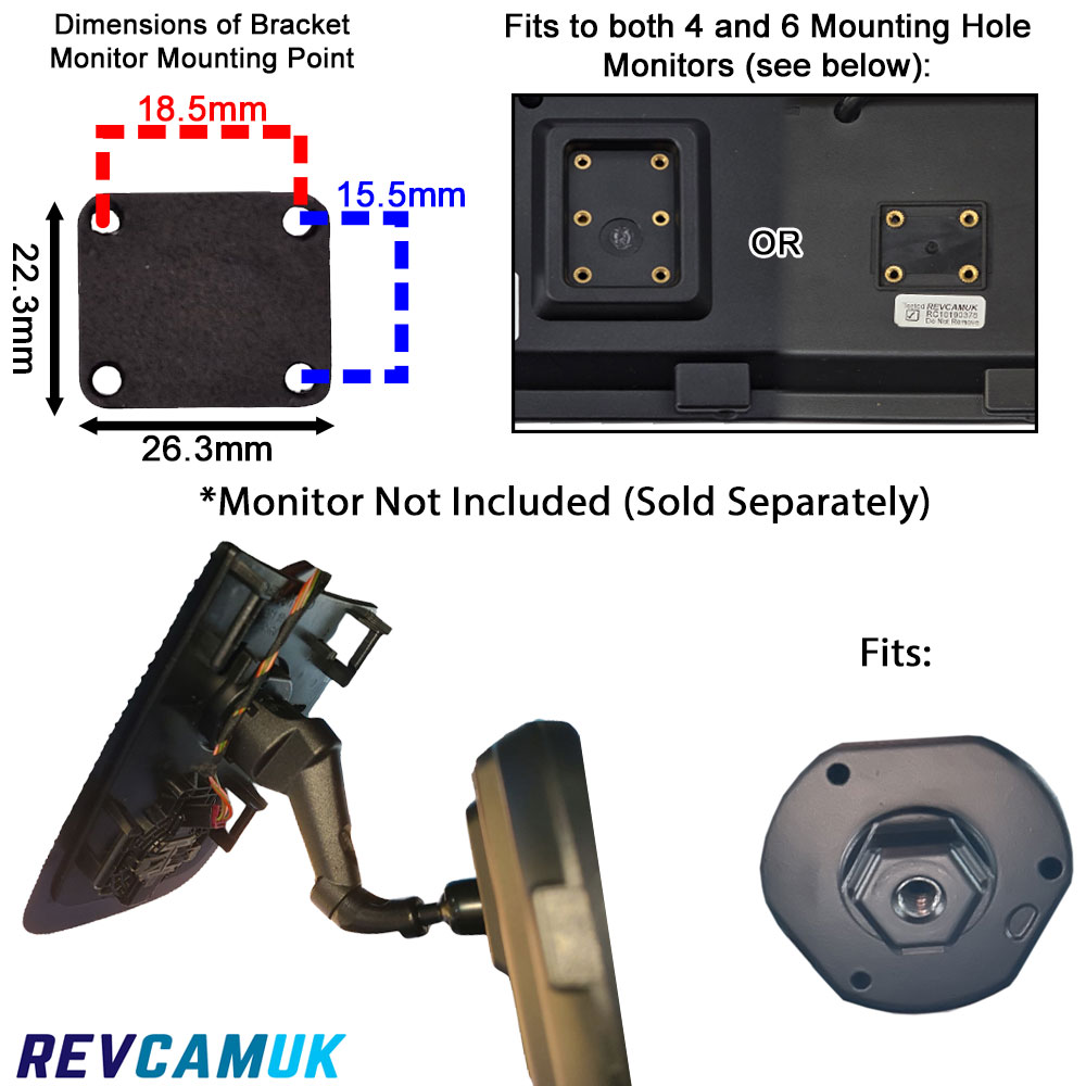 Mercedes Sprinter mirror mounting plate compatibility image showing bracket mounting-hole dimensions, 4- and 6-hole monitor fitment, and side-view of the swan-neck mirror monitor bracket installed on a Sprinter-type factory windscreen mount.