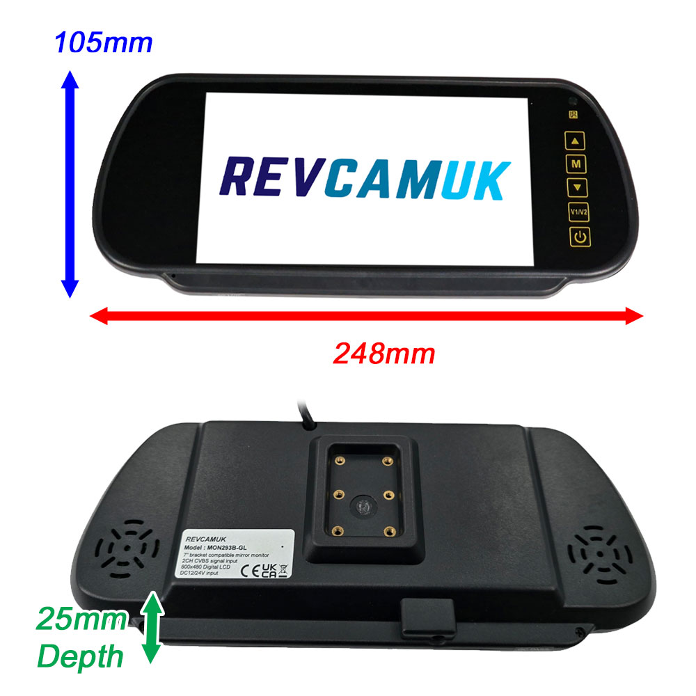 7 inch rear view mirror monitor dimensions showing 248 mm width, 105 mm height and 25 mm depth for RevcamUK MON293B mirror monitor