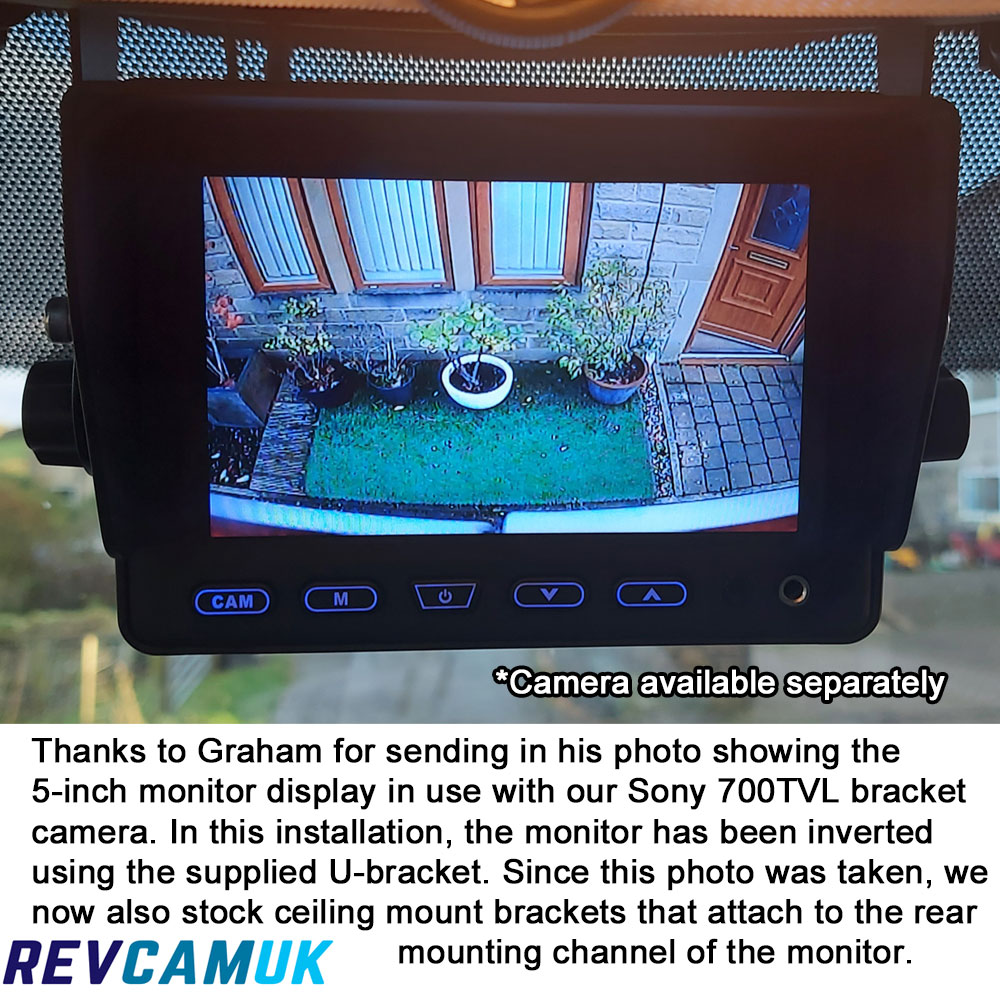 RevcamUK MON5001 5 inch reversing camera monitor showing real installation with inverted U bracket and Sony 700TVL camera