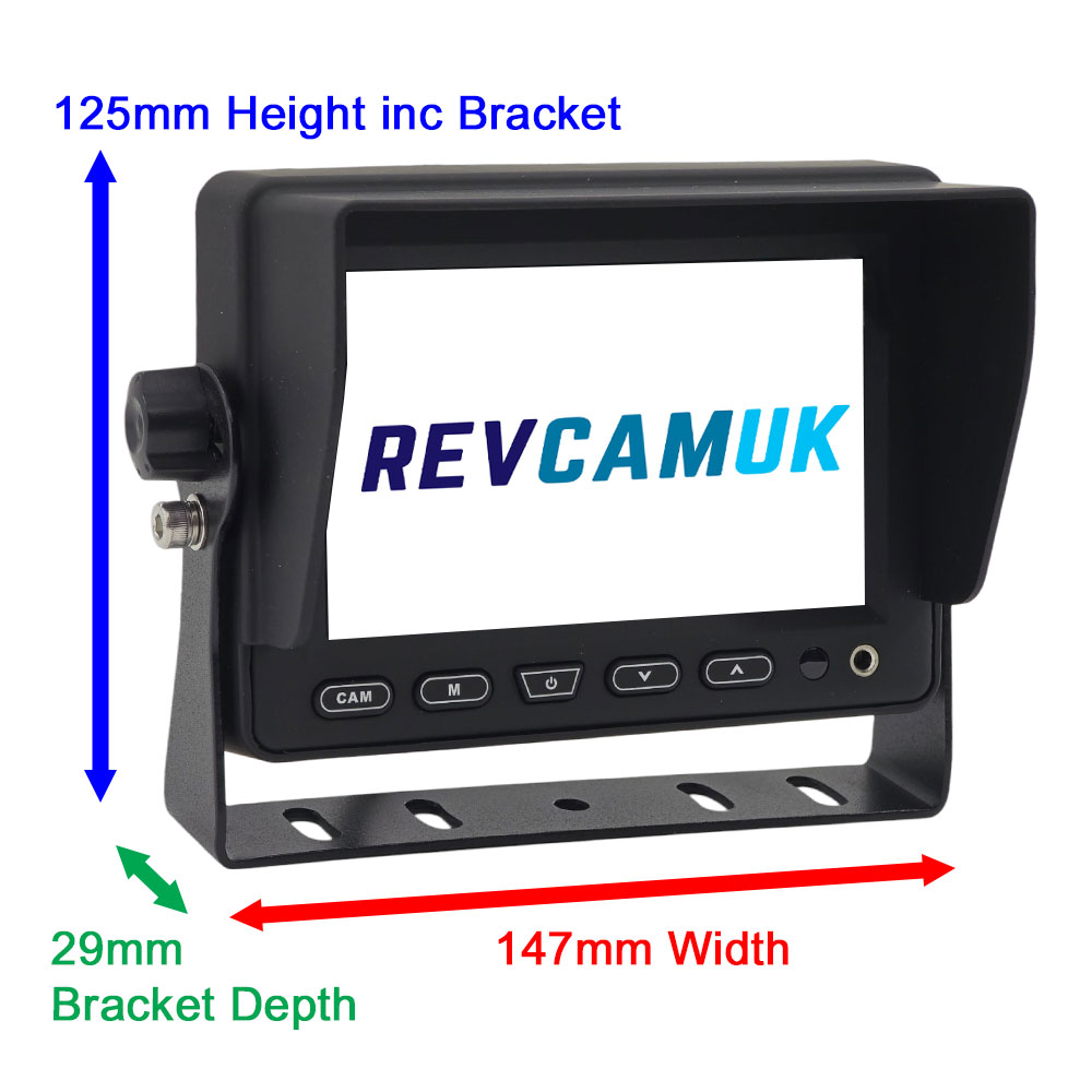 RevcamUK MON5001 5-inch reversing camera monitor dimensions showing 147mm width, 125mm height including bracket and 29mm bracket depth