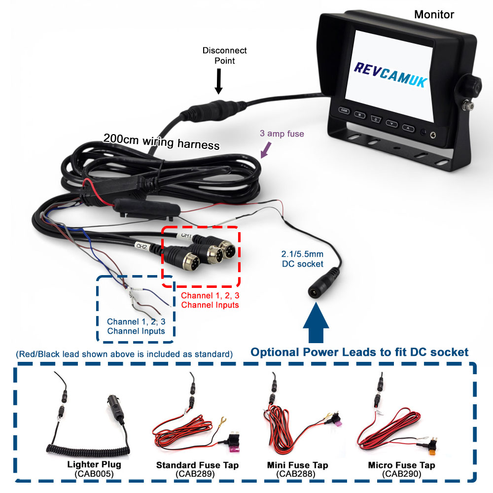 RevcamUK MON5001 5-inch reversing camera monitor wiring harness showing 200 cm loom, three camera channel inputs, trigger wires, fused DC power socket and optional power leads