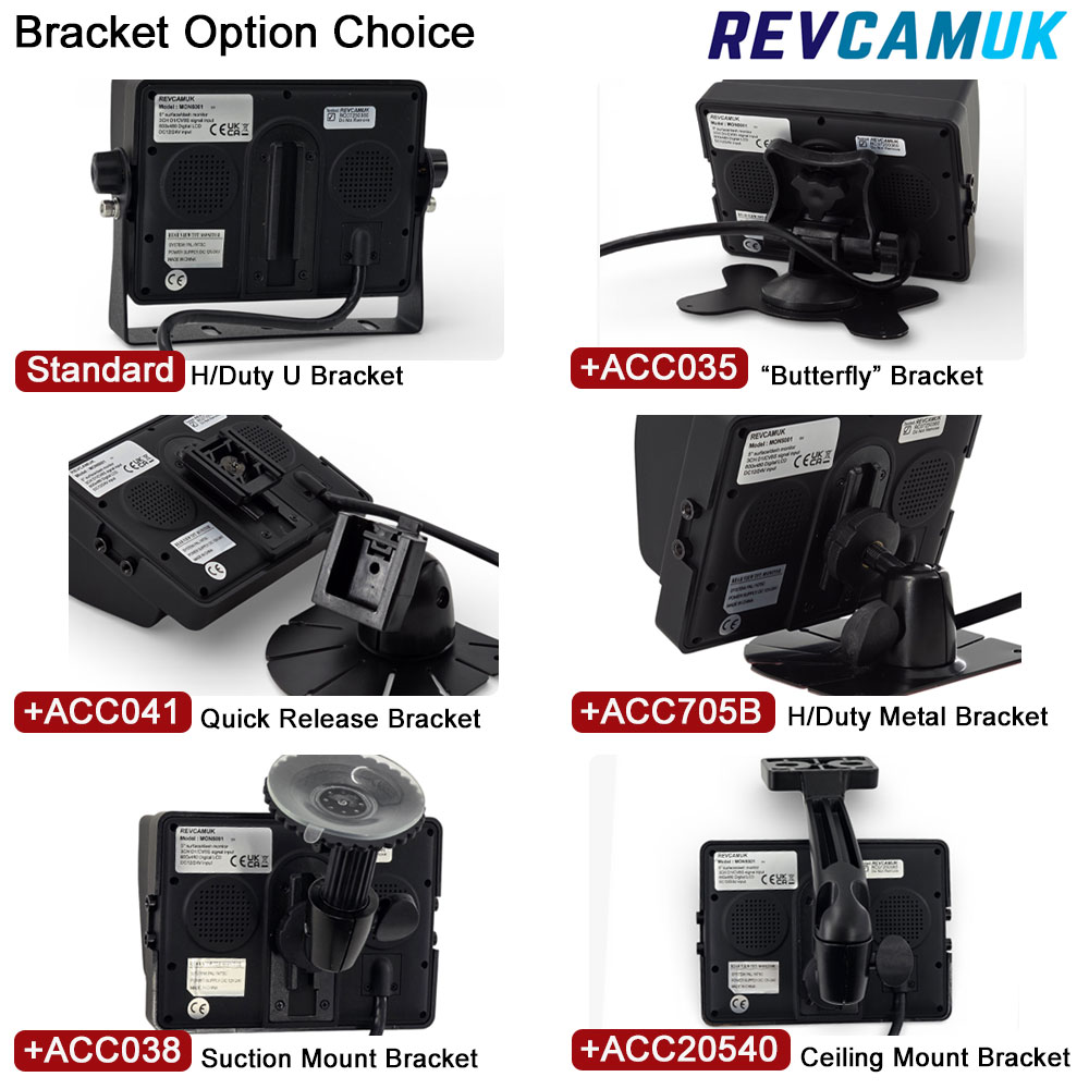 Bracket option choice for RevcamUK MON5001 5 inch reversing camera monitor showing standard U bracket and optional mounting brackets