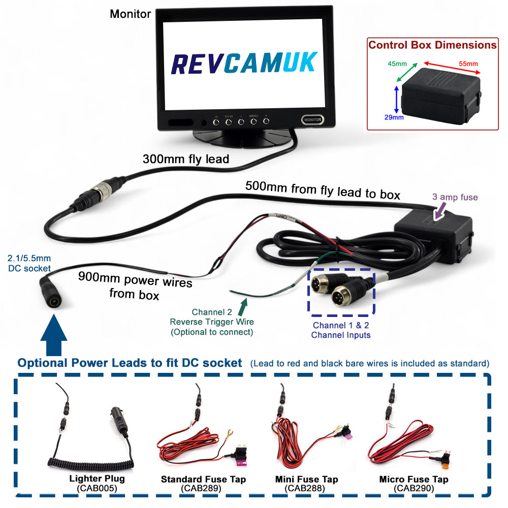RevcamUK reversing camera monitor wiring layout showing 300mm fly lead, 500mm lead to control box, 900mm power wires, 2.1/5.5mm DC socket, channel 1 & 2 inputs, reverse trigger wire, 3 amp fuse and control box dimensions (55mm x 45mm x 29mm)