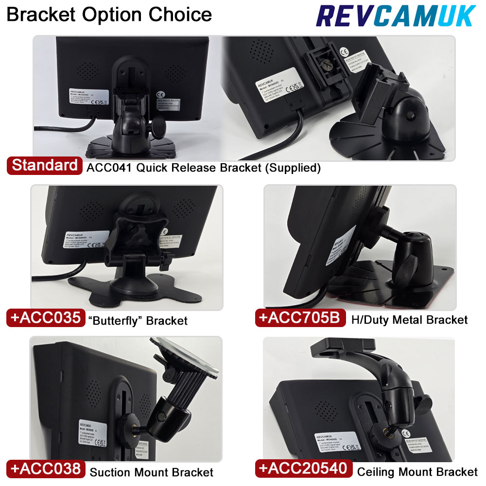 RevcamUK MON705 7-inch 3-channel reversing camera monitor bracket options showing ACC041 quick release (standard), ACC035 butterfly, ACC705B heavy duty metal, ACC038 suction mount and ACC20540 ceiling mount brackets