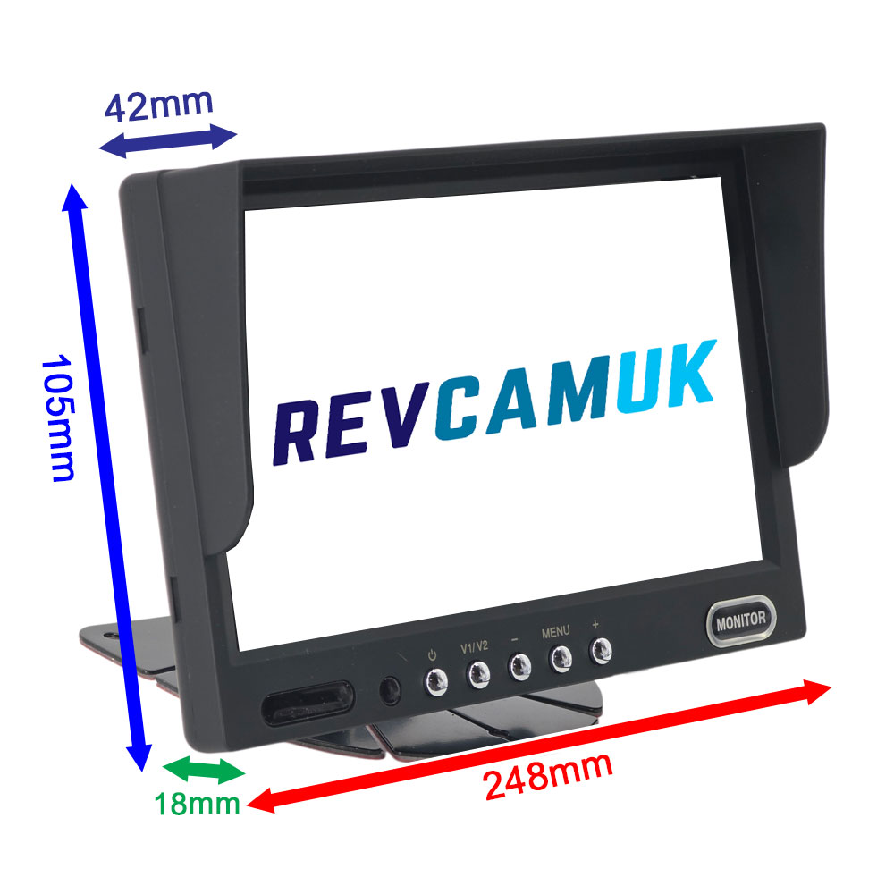 RevcamUK MON509D 7-inch reversing camera monitor dimensions showing 248mm width, 105mm height, 42mm sunshade depth and 18mm depth